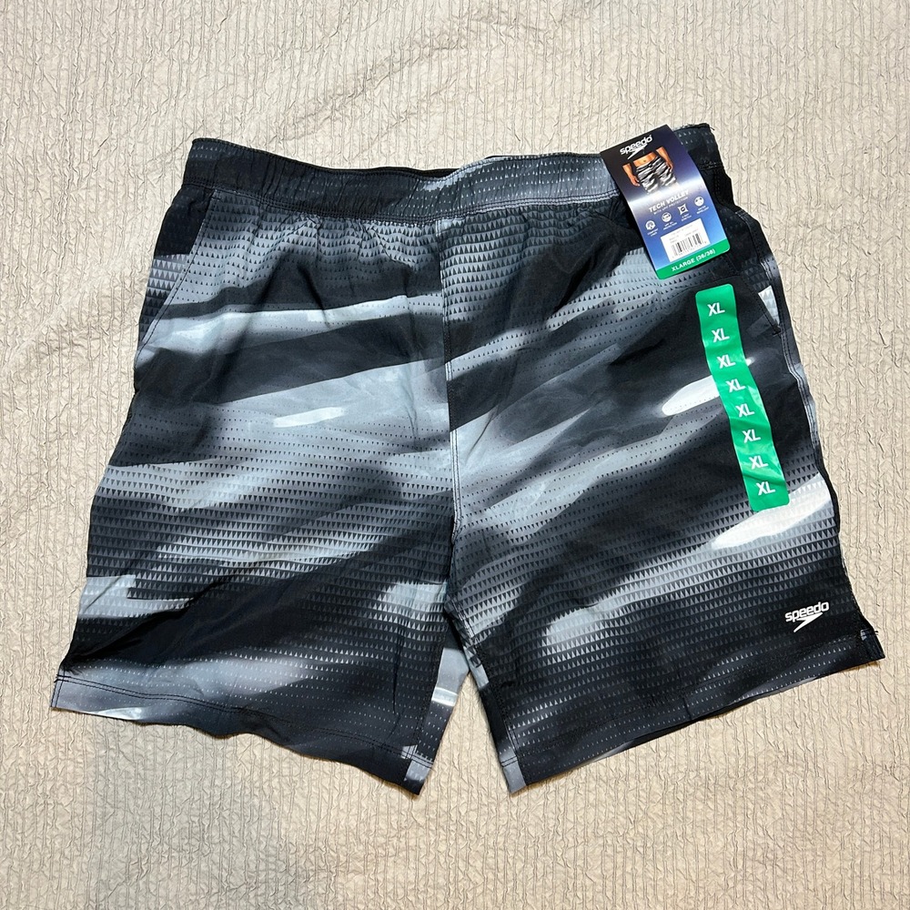 Speedo Tech Volley Mens Swim Shorts XL Dark Grey Geometric UPF 50+ NWT 1125254